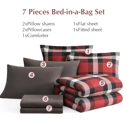 AMBERSPACE Full Size Comforter Set, Red Plaid Bedding Set 7 Pieces for Boys Girls, Classic Checkered All Season Bed in a Bag for Dorm with Sheets, Pillowcases & Shams AMBERSPACE