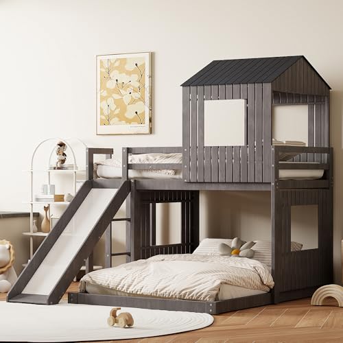 Harper & Bright Designs House Bunk Bed with Slide,Wood Twin Over Full Bunk Bed with Roof,Ladder & Safety Guardrail,Floor Bunk Loft Bed for Kids,Teens,No Box Spring Needed, Antique Grey Harper & Bright Designs