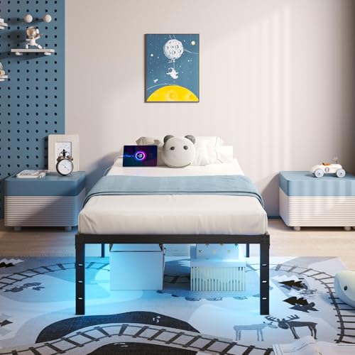 HAVONIZD Twin Size Bed Frame with LED Lights & Charging Station - 18 Inch Heavy Duty Metal Platform Bed Frame No Box Spring Needed, Easy Assembly, No Noise HAVONIZD