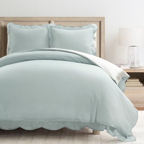 Lush Decor Coastal Chic Scalloped Edge Cotton Duvet Cover Set, 3 Piece Set, Full/Queen, Blue & White - Queen Bedding Set - White Duvet Cover Queen - Coastal Decor Lush Decor
