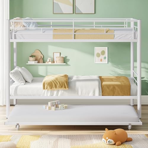 VECELO Twin Over Twin Bunk Bed with Trundle, Convertible Metal Bunkbeds with 2 Ladders and Guardrails, Space Saving, No Box Spring, White VECELO