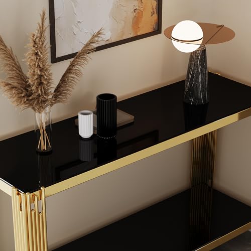 Maotifeys Modern 2-Tier Glass Console Table Luxury Black Tempered Glass Top Sofa Table with Shiny Gold Legs 55" Slim Entryway Hall Tables with Storage Shelf for Living Room Bedroom Maotifeys