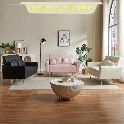 Chfeloai 48" Faux Leather Loveseat, Mid Century Modern Futon Sofa with 2 Pillows, Small Couch for Small Space, Living Room, Bedroom, Apartment, Home Office (Off-White) Chfeloai