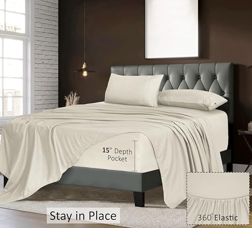 RUVANTI Queen Sheets Set, Brushed Microfiber Sheets 4 Pieces (1 Fitted Sheet, 1 Flat Sheet, 2 Pillowcases), with 15-inch Deep Pockets, Lightweight & Compfy Premium Hotel Bedding, Luxe Cream RUVANTI