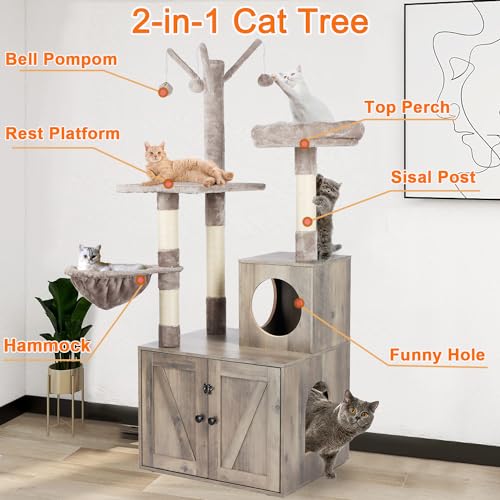 Timberer Litter Box Enclosure with Cat Tree, Wooden Cat House with Cat Tree Tower, Hidden Cat Litter Box Furniture with Scratching Post, Modern Cat Condo, Grey Timberer