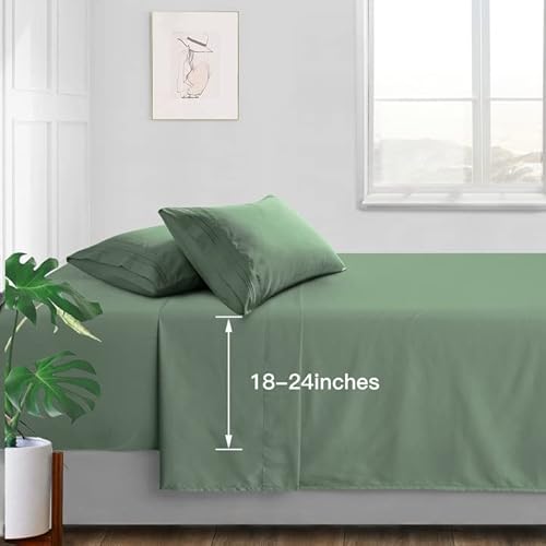 Manyshofu Extra Deep Pocket Full Size Sheets Set - Hotel Luxury 1800 Thread Count Sheets & Pillowcases - Kids Bedding Set up to 24" Mattress - Sage Green Bed Sheets 18-24 Inch Deep Pockets - 4 Piece Manyshofu