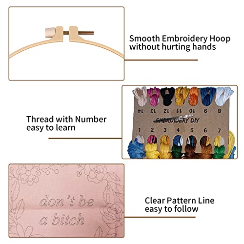 Nuberlic 2 Sets Funny Embroidery Kit with Stamped Floral Pattern for Beginners Adults Simple Cross Stitch Kits Include Needlepoint Cloth Hoops Needles Threads