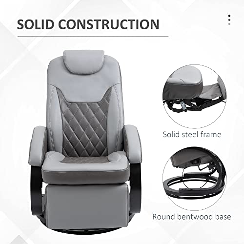 HOMCOM Faux Leather Manual Recliner, Adjustable Swivel Lounge Chair, Armchair with Footrest and Round Base for Living Room, Gray