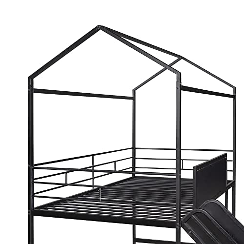 Bellemave Twin Metal Loft Bed with Fence and Two-Sided writable Chalkboard, Twin Size Metal House Bed with Slide and Ladder,for Bedroom Dorm,for Kids, Boys, Girls, Teens (Black) Bellemave