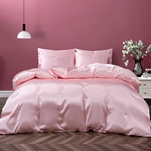 P Pothuiny 3 Pieces Satin Duvet Cover Twin/Twin XL Size, Luxury Silky Like Blush Pink Duvet Cover Bedding Set with Zipper Closure, 1 Duvet Cover + 2 Pillow Cases (No Comforter) P Pothuiny