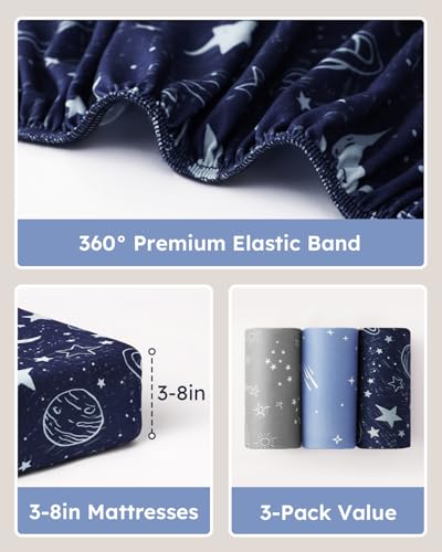 Unnivoll Baby Crib Sheets for Boys Girls, 28x52x8in Fitted Crib Sheet Neutral 3 Pack for Standard Crib and Toddler Mattress, Breathable Soft Microfiber Baby Sheet Blue Gray Planet Unnivoll