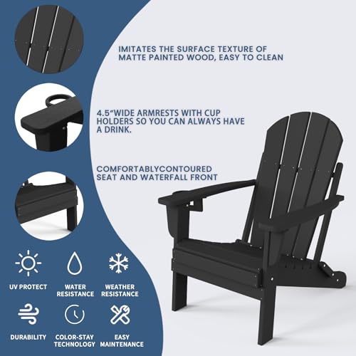 Folding Adirondack Chair with Cup Holder, Poly Lumber Patio Chairs, Wood Texture, Pre-Assembled Weather Resistant Outdoor Chairs for Pool, Deck, Backyard, Garden, Fire Pit Seating, Black POLYDUN