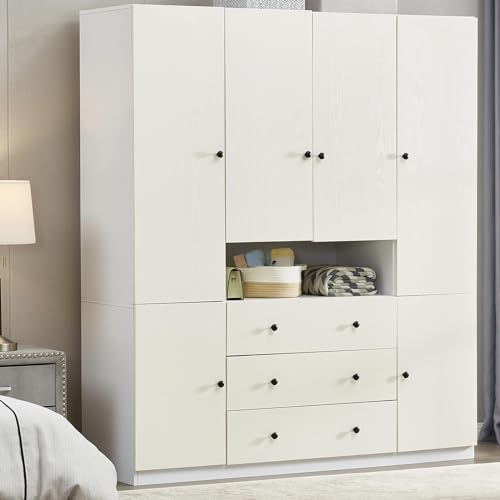 VivaVista Wooden Armoire Wardrobe Closet, 74" H Wardrobe Closet Cabinet with 4 Doors, White Bedroom Closet Wardrobe with Drawers & Shelves VivaVista