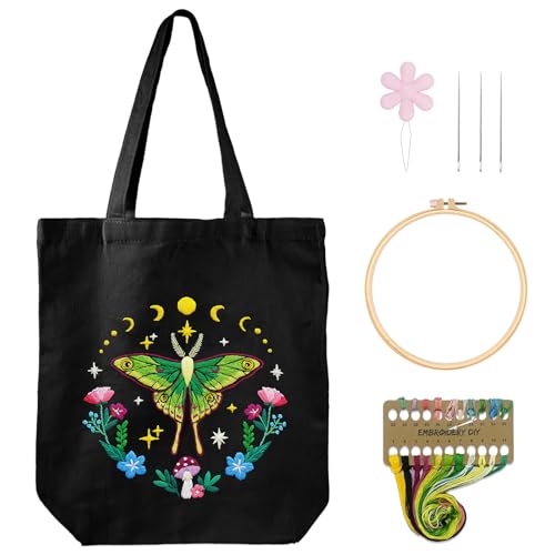 Nuberlic Canvas Tote Bag Embroidery Kit for Beginners Adults -DIY Needlepoint Kit with Butterfly Pattern Bag Reusable Eco-Friendly Shopping Bag