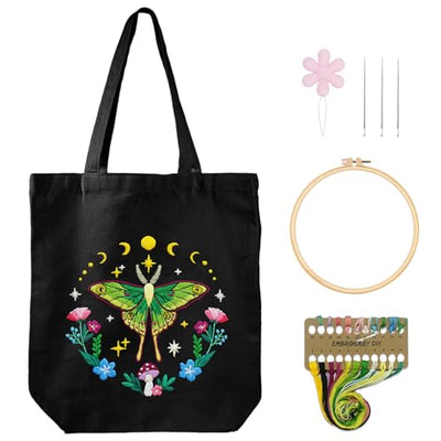Nuberlic Canvas Tote Bag Embroidery Kit for Beginners Adults -DIY Needlepoint Kit with Butterfly Pattern Bag Reusable Eco-Friendly Shopping Bag
