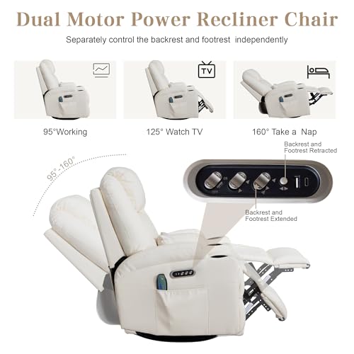 AHMED Rocking Recliner Nursery Chair, Dual Motor Power Swivel Glider Recliner with Heat & Massage, Nursery Recliner Chair with USB A/C Ports, Cup Holders & LED Light for Living Room & Bedroom, Beige
