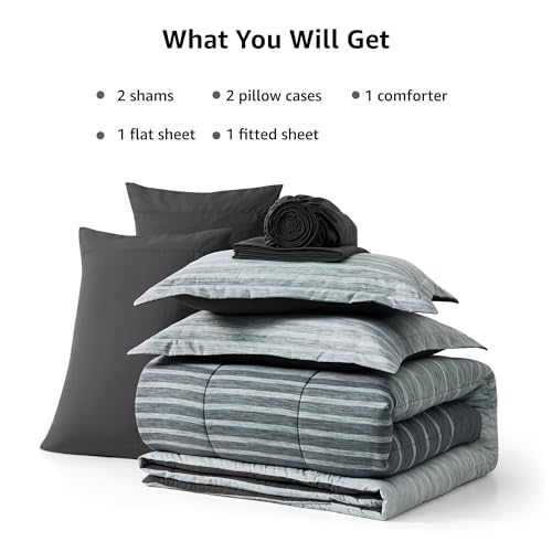 Monbix Full Size Comforter Set - 7 Pieces Bed in a Bag Full, Grey-Stripe Bedding Sets, All Seasons Comforter Bed Set with Sheets, Pillowcases & Shams Monbix