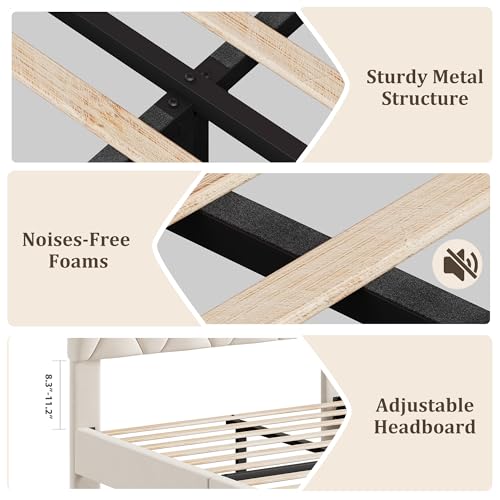 GAOMON Beige Twin Upholstered Bed Frame, Heavy-Duty Platform Bed Frame with Upholstered Headboard & Strong Wood Slats, No Box Spring Needed/Noise Free/Easy Assembly GAOMON