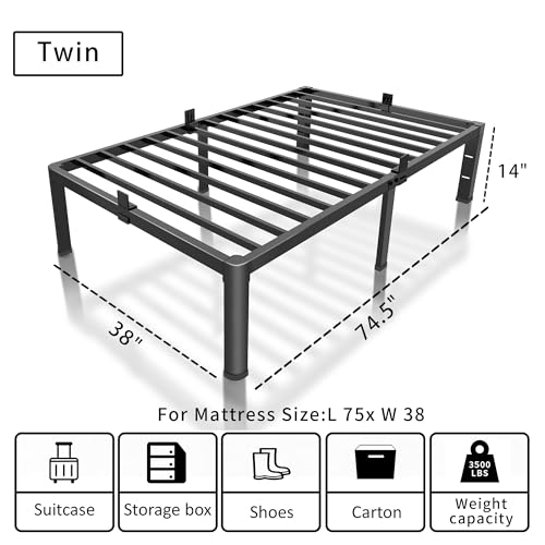 ROIL 14 inch Twin Bed Frames with Headboard Hole and Round Corner Legs Mattress Retainers 3500LBS Heavy Duty Steel Slats No Box Spring Needed Platform Noise-Free Easy Assembly ROIL