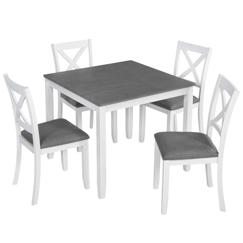 Augabam 5-Piece Dining Table Set for 4, Kitchen Dining Table with 4 Soft Cushioned Solid Wood Chairs, Ideal for Home or Restaurant Use.(Gray & White_Small) Augabam