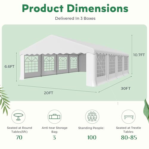 EROMMY 20x30FT Heavy Duty Party Tent, Outdoor Wedding Canopy with 8 Removable Sidewalls, 2 Roll-up Doors, 2 Storage Bags, Gazebo Shelter for Events & Commercial Use, White EROMMY