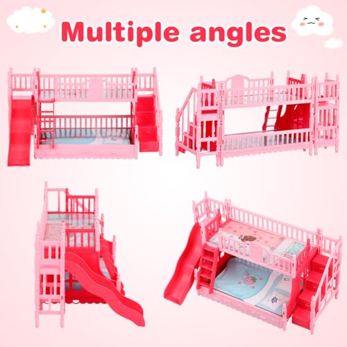 NOLITOY Miniature Bunk Bed with Slide for 6 Inch Dolls - Pink Double Deck Plastic Dollhouse Furniture Playset with Ladder & Bedding Accessories - Fits Small Dolls Figures NOLITOY