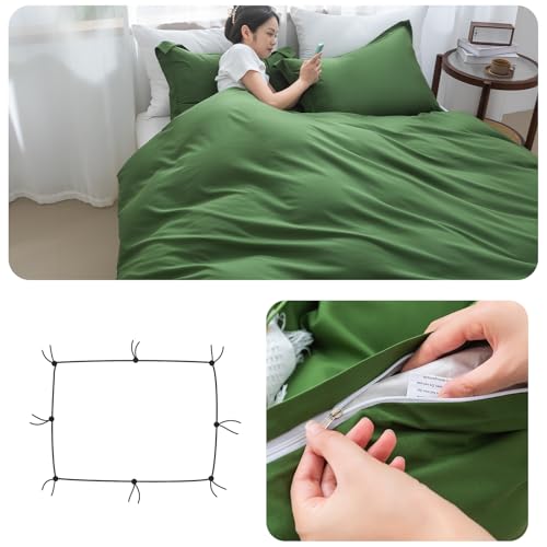 SheRest Olive Green Duvet Cover - Soft Brushed Microfiber, 3 Pieces, 1 Duvet Cover 80x90 Inches with Zipper Closure 8 Ties & 2 Pillow Shams, Breathable Bedding Set for All Season, Full (No Comforter) SheRest