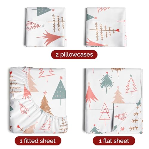 Queen Christmas Tree Sheet Set - Holiday Xmas Pattern Bedding Set - Deep Pockets - Snug Fit - 4 Piece - Wrinkle Free & Easy Care - Comfy Festive Winter - Holiday Sheets for Women, Men, Kids & Teens CGK Unlimited
