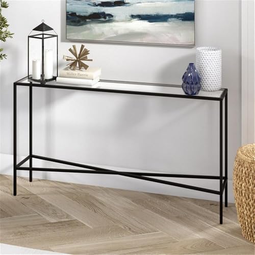 Pemberly Row 55" Blackened Bronze Metal/Glass Console Table, Tempered Glass Top, Geometric Crossbar Design, Modern Industrial Style Accent Table for Living Room or Entryway Use Pemberly Row