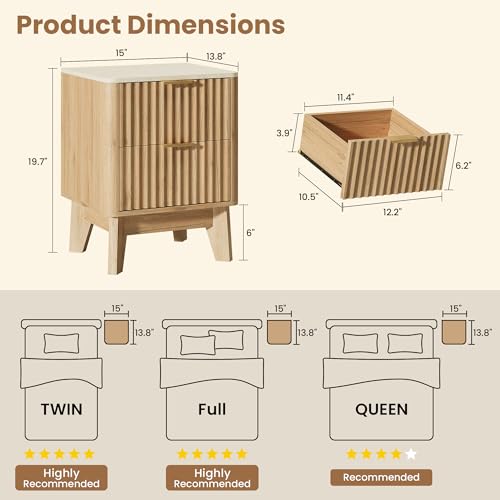 TROJM Fluted Nightstand Set of 2,Modern End Table with Faux Marble Top,2 Storage Drawers Side Table,Bedside Table for Bedroom, Living Room,Curved Profile Design Furnitue,Natural Oak TROJM