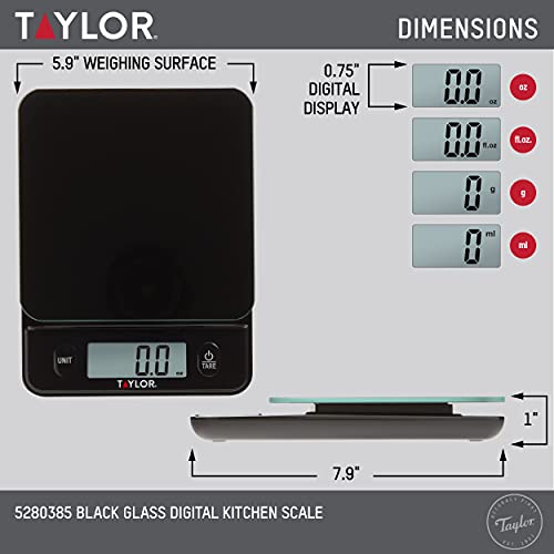 Taylor Glass Top Food Scale with Touch Controls, 11 lb Capacity, Sleek Black Design for Precision Food Measurement in Grams and Ounces Taylor