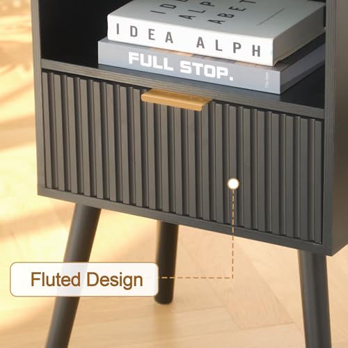 AWASEN Black Fluted Nightstand, Modern Bedside Table with Storage Drawers, Small Night Stand Bed Side Table with Solid Wood for Living Room, Bedroom, Office and Small Space (Black) AWASEN