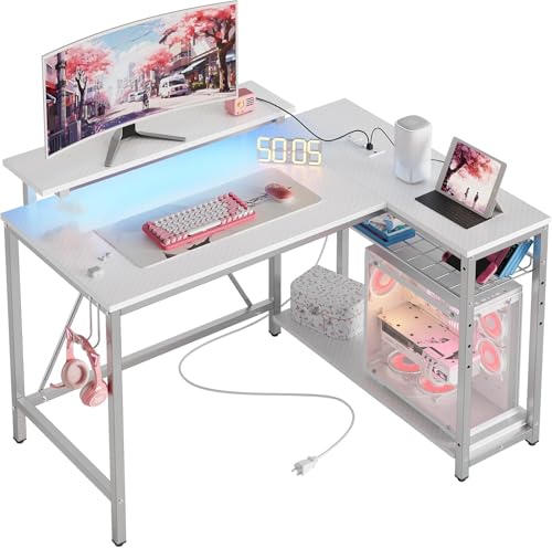 Bestier White Computer Desk with Charging Port & LED Strip,42 inch Modern Gaming Desk with Reversible Storage Shelves,Small L Shaped Desk with Hooks for Home Office Bestier