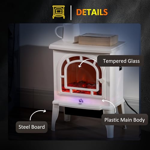 HOMCOM 18" Electric Fireplace Stove, Freestanding Fireplace Heater with Realistic LED Flame, Adjustable Temperature, Overheat Protection, 750W/1500W, White HOMCOM