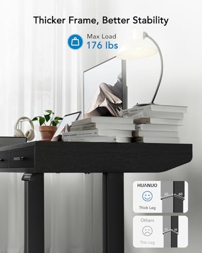 HUANUO Electric Standing Desk with Drawers, C-Clamp Mount Compatible, 48 x 24 Inch Height Adjustable Sit Stand Desk, Fabric Drawers, Home Office Stand Up Desk with 4 Custom Height Settings, Black HUANUO