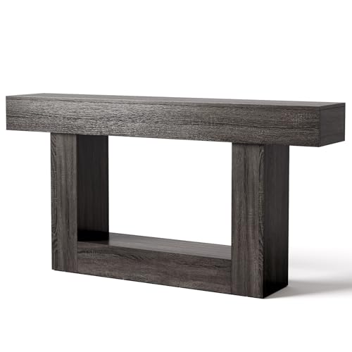 LITTLE TREE 63 Inches Long Console Table, 2-Tier Farmhouse Sofa Table Behind Couch, Large Narrow Entryway Table for Living Room, Wooden Hallway Foyer Table with Heavy Duty Base, Grey LITTLE TREE