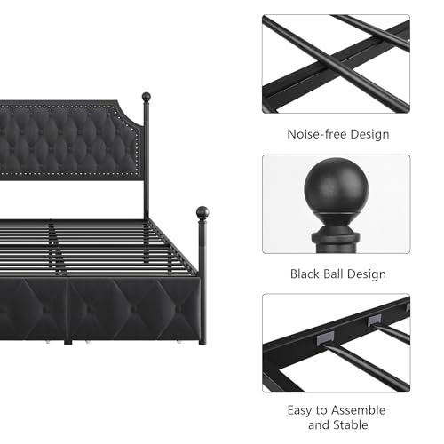 Keyluv Full Upholstered Canopy Bed Frame with 2 Storage Drawers & Button Tufted Headboard, Metal Platform Bed with 4 Removable Posts, Two-Purpose Velvet Bed, Dark Grey/Curtain Not Included