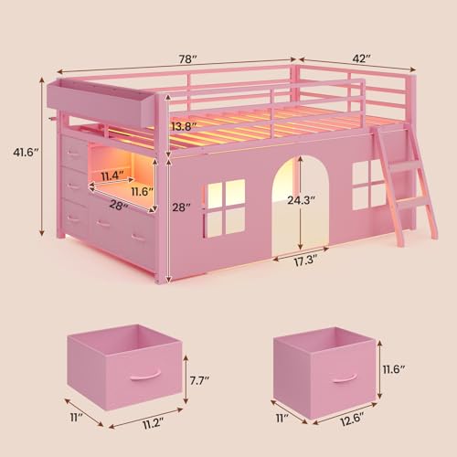 ADORNEVE Low Loft Bed Twin Size with Tent, 5 Storage Drawers, LED Lights, Metal Kids Loft Bed with Bookcase & Under-Bed Play Space,Twin Loft Beds with 13.8''H Safety Guardrail,Inclined Ladder, Pink ADORNEVE