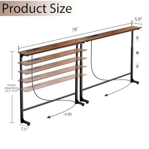 Keelian 78 inch Narrow Console Table with Outlet,Adjustable Height(25"-37") Behind Sofa Table,Couch Behind Table Skinny,Couch Shelf with Charging Station,Long Entryway Table for Living Room,Brown Keelian