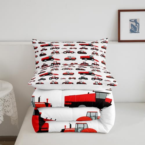 Erosebridal Red Tractor Comforter Set Twin Size Heavy Equipment Truck Down Comforter Kids Boys Girls Teens Harvester Tractor Bedding Set Construction Excavator Farm Equipment Quilt Set Erosebridal