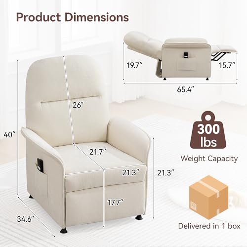 Power Recliner Chair for Adults, Electric Recliner with Curved Arms & Side Storage Pockets, Ergonomic Adjustable Reclining Chair for Living Room Bedroom, Chenille Beige