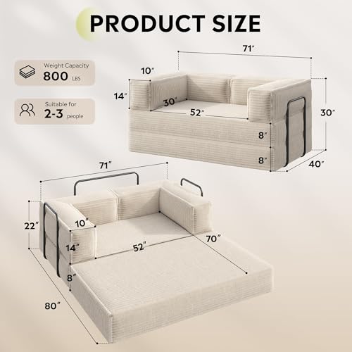 WLIVE 71'' Futon Sofa Bed, Convertible Sleeper Sofa, Folding Pull Out Couch Boneless Mattress with Fixed Frame, Corduroy, with Storage Pocket, Beige WLIVE