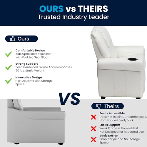 Flash Furniture Vana Vinyl Kids Recliner with Cup Holder, Headrest, and Safety Recline, Contemporary Reclining Chair for Kids, Supports up to 90 lbs., White