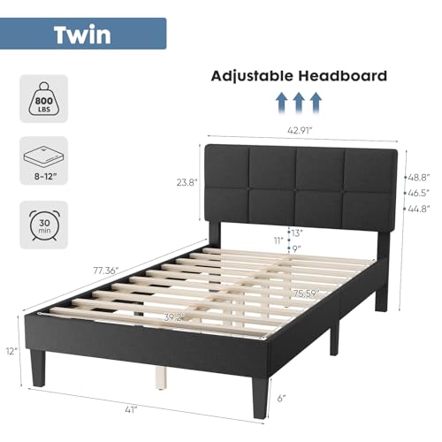 DUMOS Twin Bed Frames with Headboard, Wooden Twin Platform Bed No Box Spring Needed, Fabric Upholstered Bed Frame with Adjustable Headboard, 800LBS Support,Noise Free, Dark Grey DUMOS