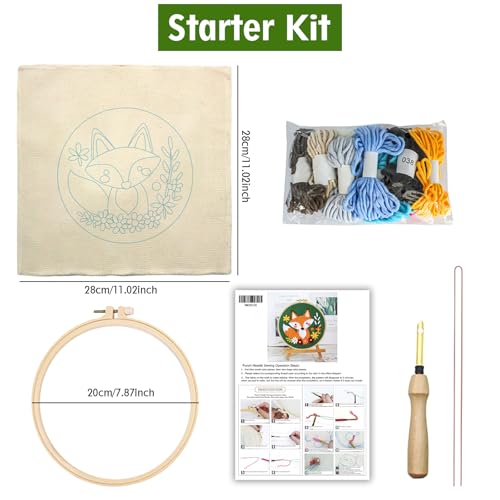 JOZYSH Punch Needle Embroidery Starter Kits for Beginners Cute Cartoon Animal Embroidery Hoops,Color Threads,Instructions and Needles,DIY Adults Embroidery (Fox)