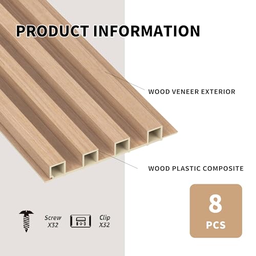 POHARE WPC Slat Wall Panels, 8 Pack Accent Decorative Acoustic Wood Slats for Wall and Ceilings, Acoustic Panels for Interior Wall Modern Décor, Oak, POHARE