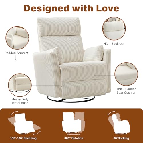 BOSMILLER 360ยฐ Swivel Recliner Chair,Nursing Rocking Chair with 2 Pillows for Adutlts,Comfy Rocker Recliners with High Back for Nursery,Living Room,Bedroom