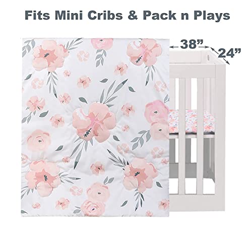 PINNKKU 3-Piece Crib Bedding Set for Boy Girls, Includes Crib Skirt, Blanket, Sheet, Baby Bedding, Floral, Mini Size PINNKKU