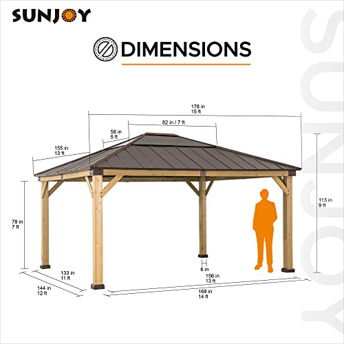 Sunjoy Hardtop Gazebo 13 x 15 ft. Upgrade Cedar Framed Wood Gazebo with Brown Steel and Polycarbonate Hip Roof Hardtop for Garden, Backyard Shade, Brown Roof + Natural Wood Frame Sunjoy