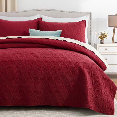 Lavsiry Red Queen Size Quilt Bedding Set with Pillow Shams, Summer Lightweight Bedspread Coverlet, Soft Quilted Blanket Thin Comforter for All Seasons Lavsiry